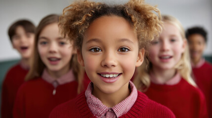 Fototapeta premium A group of choir school children harmoniously singing together, embodying joy and the spirit of music.