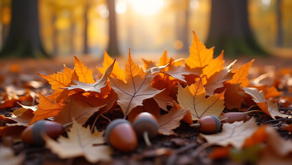 Vibrant Autumn Leaves and Acorns on Forest Ground – Fall Nature Scene