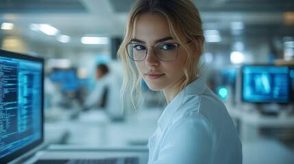 Fototapeta premium Scientist in Lab with Advanced Computer Technology Researcher Analyzing Data on Screen Profes