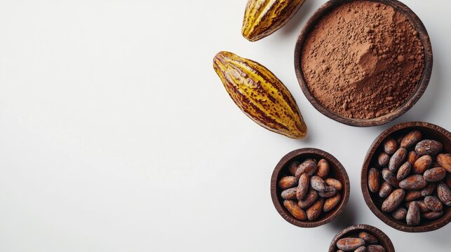 Cocoa beans and powder displayed in small bowls.
