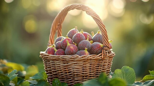 A basket full of ripe figs in a garden setting
