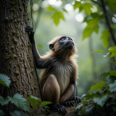 Wolf's Guienon Monkey Looking Up Into a Tree