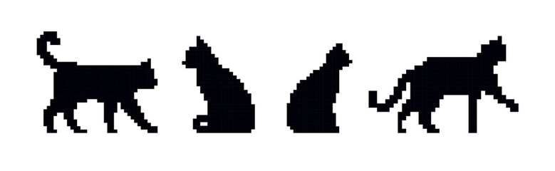 Pixel art black cat silhouettes in retro 8bit style with walking and sitting feline poses. Vintage minimal act pixel design features cute tail, ears, paws on white background. © kolonko