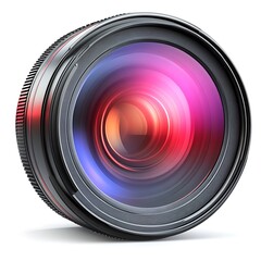 A Professional Camera Lens Reflecting Vibrant Red and Purple Light