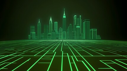 Futuristic Green Cityscape Wireframe Skyline