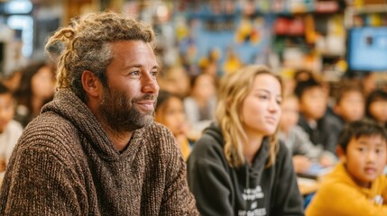 Students attentively listen to guest speakers sharing their cultural experiences and insights in an engaging classroom environment filled with diversity and learning