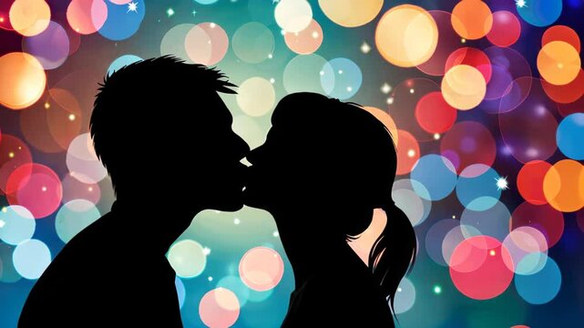 A romantic silhouette of a couple kissing, illuminated by festive lights, captures the essence of love during the holidays.