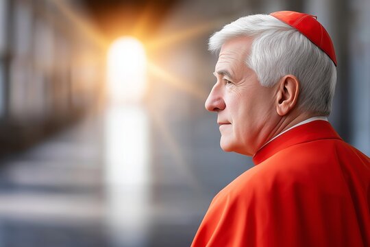 Profile of thoughtful senior cardinal wearing red zucchetto and mozzetta, gazing towards bright light in blurred church interior