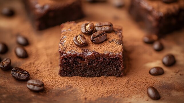 A decadent chocolate brownie is adorned with coffee beans and a dusting of cocoa powder, presented on a wooden surface amidst scattered beans.