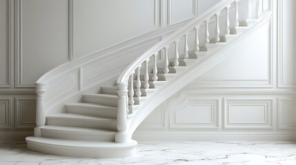 A Luxurious White Staircase With Decorative Wall Paneling Ascends Gently Upwards
