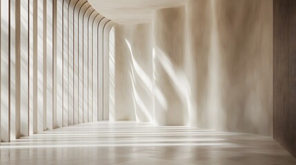 Serene Corridor of Light: A long corridor bathed in soft light, featuring curved walls and pillars that create a sense of depth and tranquility.