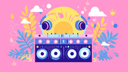 The 'Summer Beats Mixer Illustration' is a visual representation of a summer party music concept, featuring iconic elements like headphones, a DJ mixer, palm leaves, and a bright sun, all of which