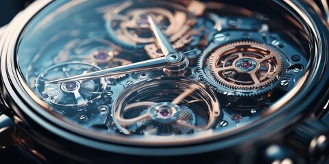 Close up view of a luxury watch mechanism with gears and intricate details