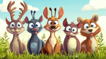 Obraz premium Cute cartoon animals in a meadow