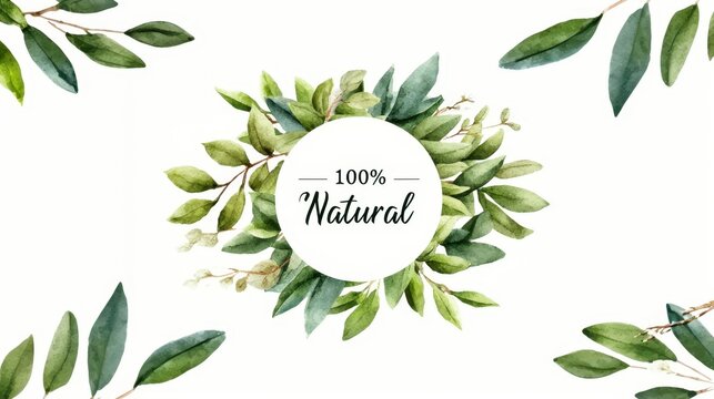 Green leaf watercolor frame encircling 100 percent natural text on white background, highlighting organic product packaging design and natural wellness concept