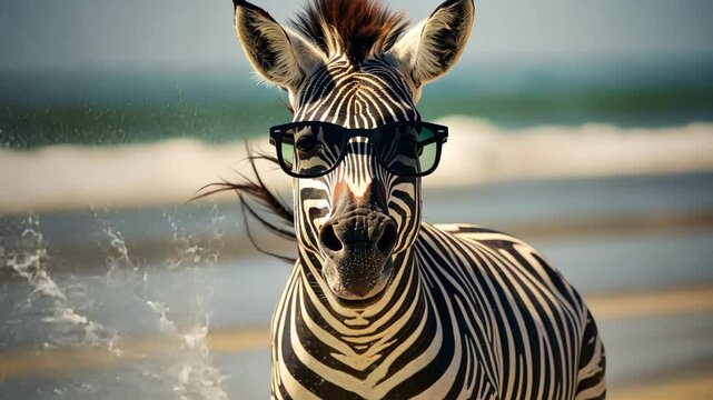 Zebra in Sunglasses: A zebra with a cool attitude, wearing trendy sunglasses, stands on the sandy shore. The zebra's striped pattern and the ocean waves in the background create a striking contrast.
