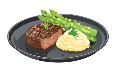 beef steak with mashed potato and asparagus - vector illustration
