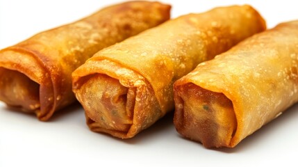 Three golden brown spring rolls with vegetables and chicken. Served as an appetizer or main course.