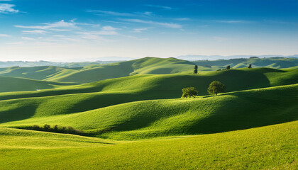 Obraz premium rolling green hills with scattered trees and a blue sky