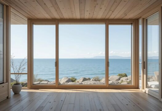 Fototapeta modern office with big window ocean view
