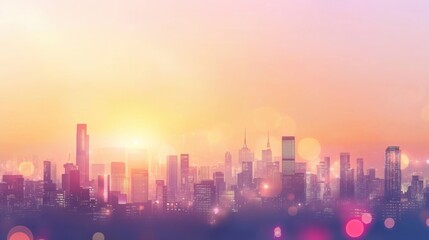 Cityscape abstract background with stylized skyline silhouettes, warm sunset gradient, soft bokeh lights, and large blank space for urban travel quotes or promotional text.