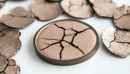 Naklejka premium Eye shadow or bronzer for the face. Cracked bronze shimmer eyeshadow on a white background. Cracked bronze eyeshadow shows a shimmering texture with scattered pieces
