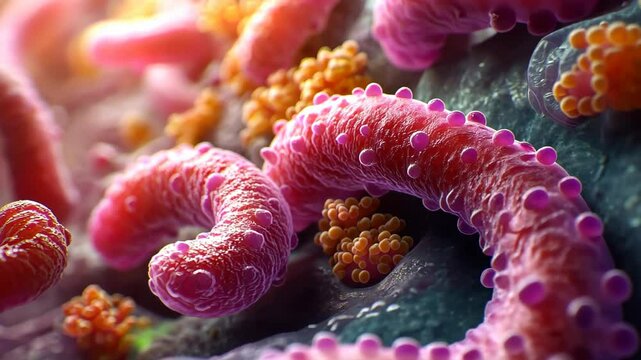Microscopic marvel: An artful exploration of the intricate and vibrant world of microbiology, where a delicate balance of forms and textures creates an awe-inspiring spectacle.