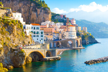Beautiful view of Amalfi on the Mediterranean coast with lemons in the foreground, Italy
