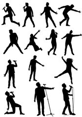 Obraz premium Dynamic Singer Silhouettes: Black & White Stage Energy AI Generated