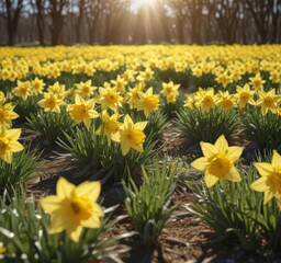 Fototapeta premium Sunlit field of cheerful daffodils swaying gently, fresh, blossom