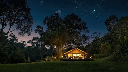 Illuminated wilderness cabin at night beneath a starry sky.