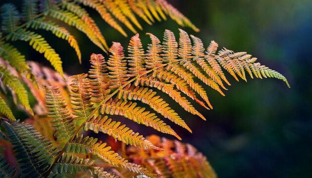 close up on fern filicopsida yellow green leaves vibrant vivid colors