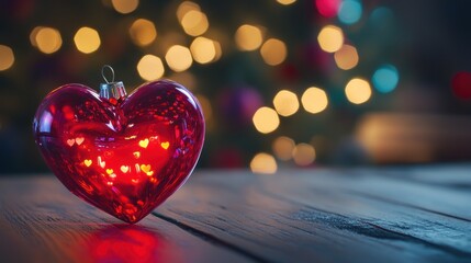 Glowing Heart Ornament on Wooden Table with Christmas Lights Background