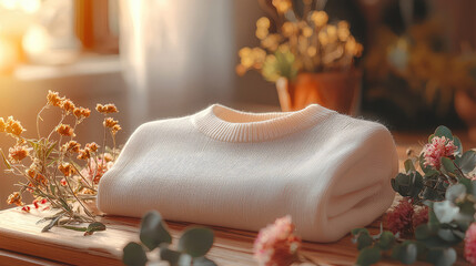 Soft, folded cream sweater on wooden surface, surrounded by autumnal flowers and sunlight