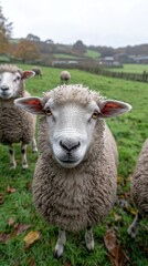 Fototapeta premium Sheep face closeup in a green field on an overcast day