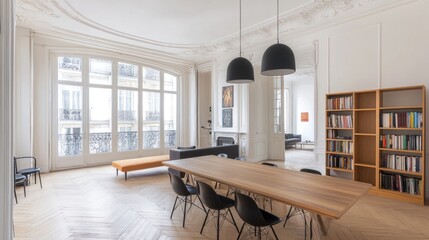 Obraz premium An elegant bright living room with large windows and a table