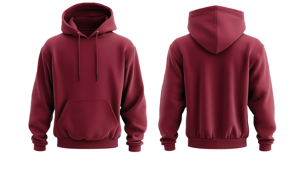 Burgundy Men’s Hoodie Mockupز Front and Back Views, Transparent Background