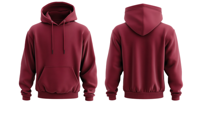 Burgundy Men’s Hoodie Mockupز Front and Back Views, Transparent Background