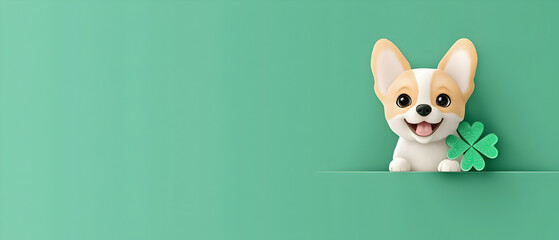 Obraz premium Cute Pixel Art Dog With Clover On Emerald Green Background