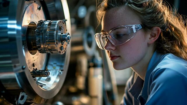 A female physicist observing particle collisions in a high-tech laboratory. Women in science.	