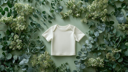 Soft, organic baby tee surrounded by greenery