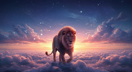 Majestic Lion Standing on Clouds Under a Starry Night Sky at Sunset