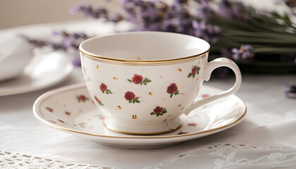Fototapeta premium Traditional English afternoon tea at the manor, teatime scenes with floral porcelain, sweet treats, and romantic settings in country manor lounges and garden rooms, evoking gentle