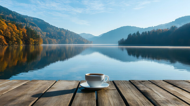 Morning serenity, scenic lakeside view with aromatic coffee enjoyment on wooden deck