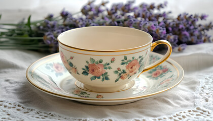 Fototapeta premium Traditional English afternoon tea at the manor, teatime scenes with floral porcelain, sweet treats, and romantic settings in country manor lounges and garden rooms, evoking gentle