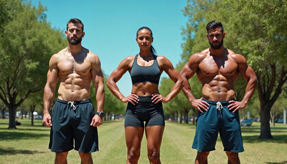 Group of fit young people posing in a park with bright, energetic vibes