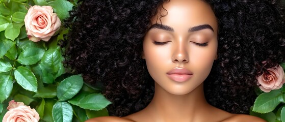 Naklejka premium Beautiful Black Woman with Curly Hair Surrounded by Roses
