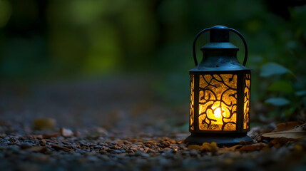 A lantern glows softly on a stony path under a serene forest canopy