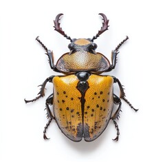 Detailed Closeup of a Striking Golden Rhinoceros Beetle with Prominent Horns on a Crisp White Background  This Macro Shot Showcases the Intricate Patterns Textures