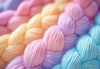 Pastel colored yarn balls and knitted fabric are paired with a soft golden bokeh, creating a warm, inviting scene.